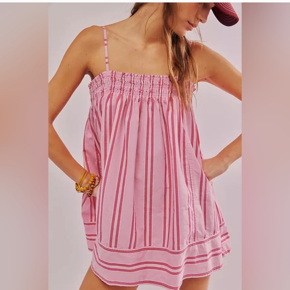 NWT Free People Pink Striped Tank Top Pajama Party Tunic SIZE L